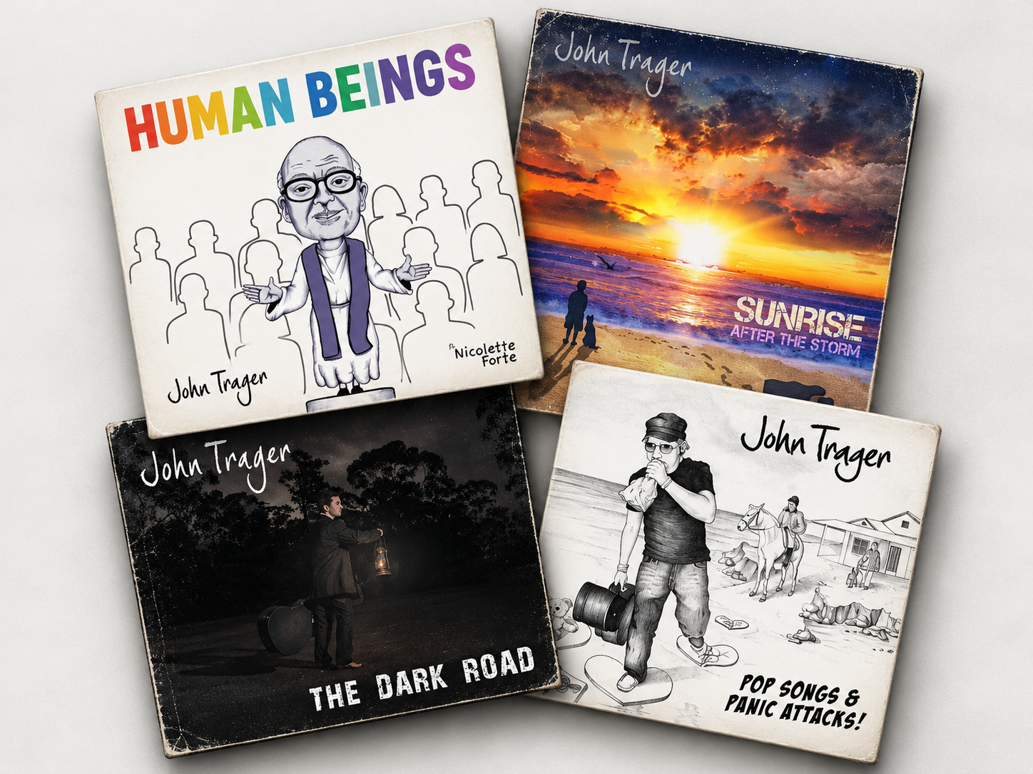Four John Trager record covers, Human Beings, Sunrise After the Storm, The Dark Road, and Pop Songs & Panic Attacks, overlapping like vinyl sleeves